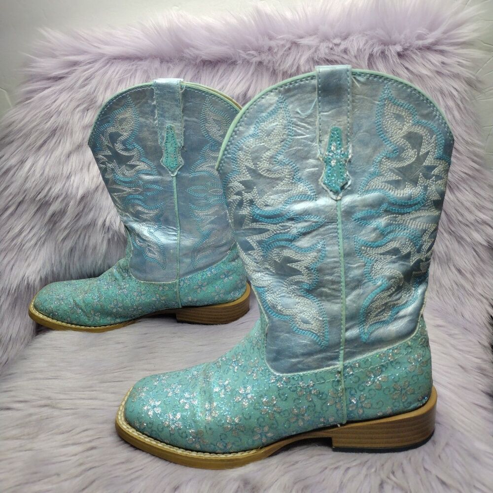 Roper Kids Cowboy Boots Size 2 Youth Teal Blue Glitter Square Toe